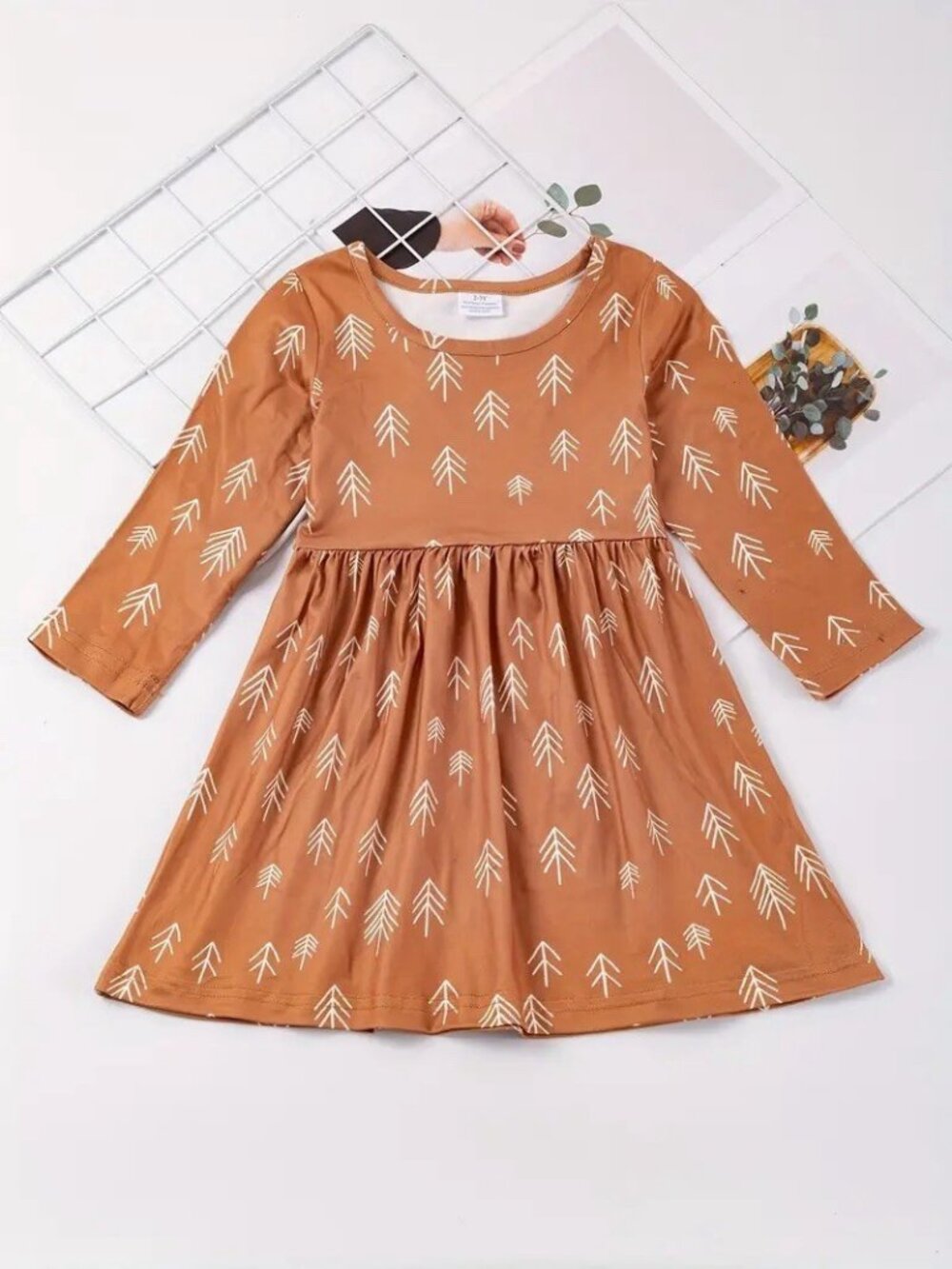Girls Brown Long Sleeve Arrow Print Silky Soft Stretch Dress Boho Casual 6-7
